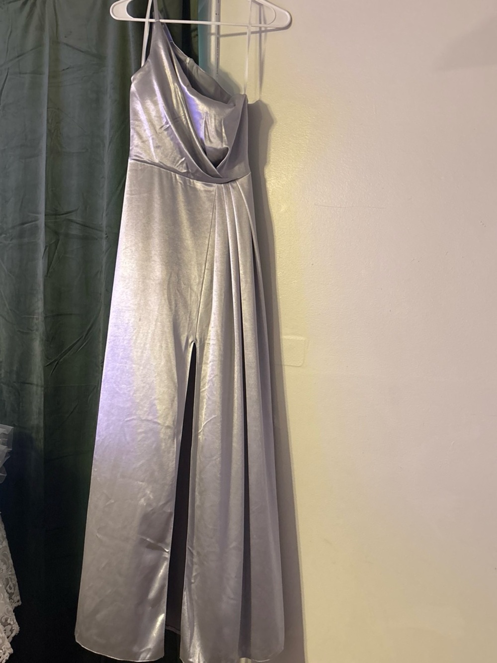 Amazon Silver One-Shoulder Draped Jumpsuit with Front Slit